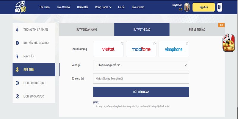 Rút tiền Sky88 – Nhanh chóng nhận ngay không chờ đợi 2 Rút tiền Sky88 bằng thẻ cào siêu tốc