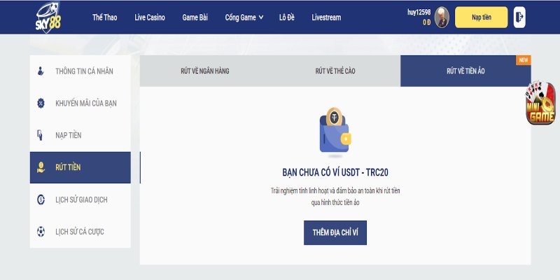 Rút tiền Sky88 – Nhanh chóng nhận ngay không chờ đợi 3 Rút tiền từ Sky88 qua tiền ảo
