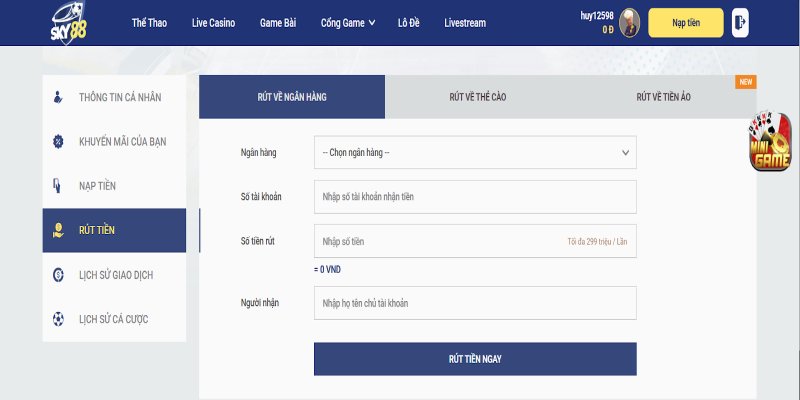Rút tiền Sky88 – Nhanh chóng nhận ngay không chờ đợi 1 Thực hiện rút qua tài khoản ngân hàng